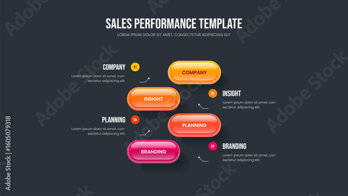 Modern Report Four Element Diagram Slideshow Template. Professional Launch 4 Step Infographic Presentation Design. Advertising Analysis Slide Layout Vector Illustration.