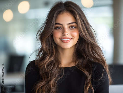 Smiling Woman poses indoors. Use for advertising, web design, social media, beauty products. Happy, portrait, brown hair, stylish, confidence, face.