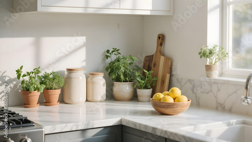 Clean and modern kitchen counter with ceramic jars, fresh herbs in pots, cutting board, and a bowl of lemons, bright daylight, no people.

