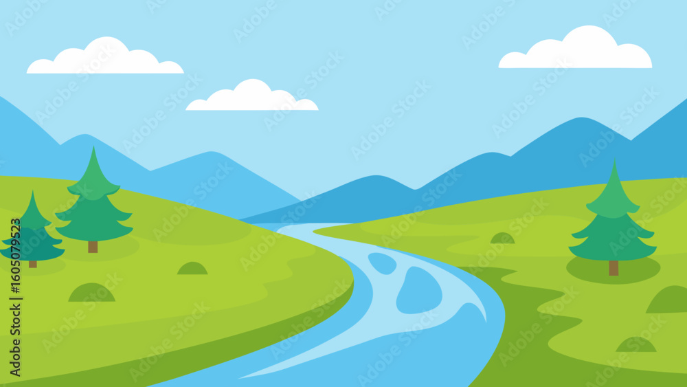 Obraz premium Peaceful Spring Meadow River Vector Illustration