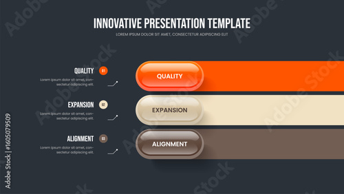 Modern Portfolio Slideshow Design Vector Illustration. Advertising Launch 3 Option Diagram Presentation Template. Enterprise Briefing Three Element Infographic Frame Layout.