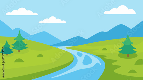 Peaceful Spring Meadow River Vector Illustration