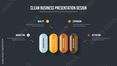 Advertising Planning 4 Option Infographic Slide Template. Business Analysis Four Element Diagram Presentation Layout. Corporate Development Frame Design Vector Illustration.