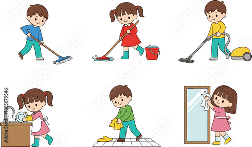 Children doing house chores, cartoon kids cleaning, washing dishes, mopping floor, vacuuming, wiping mirror, household activities, home cleaning duties