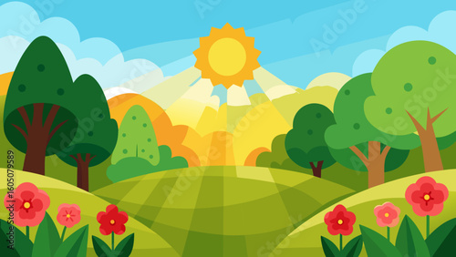 Sunlit Glade with Blooming Flowers Vector Illustration