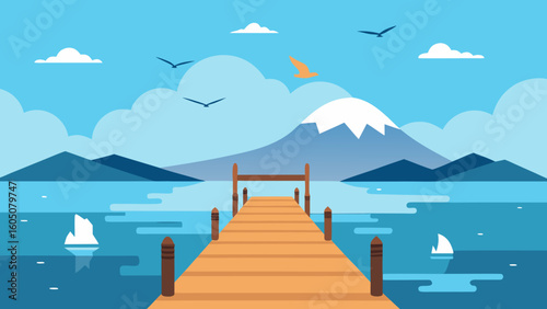 Wooden Pier at Calm Lake with Seagulls