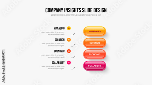 Modern Insight Presentation Layout Vector Illustration. Investor Introduction 4 Step Diagram Slide Template. Enterprise Performance Four Element Infographic Slideshow Design.