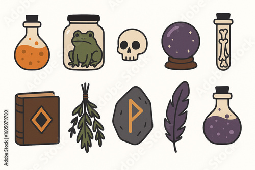 Set of Magical Halloween Cabinet Item Icons in Flat Vector Style