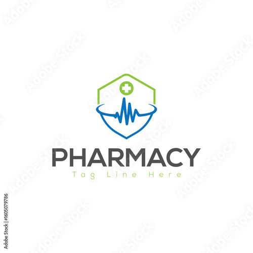 Pharmacy Logo Design – Medical Cross with Heart and Leaf Symbol Vector