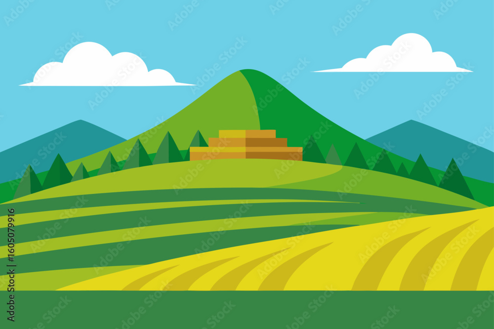 Fototapeta premium Hilltop Rice Field Scene Vector Landscape
