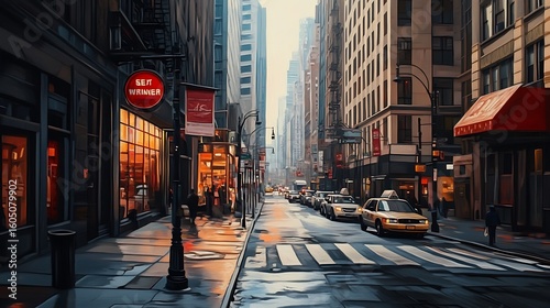Impressionistic photo of a new york city street scene featuring buildings and traffic