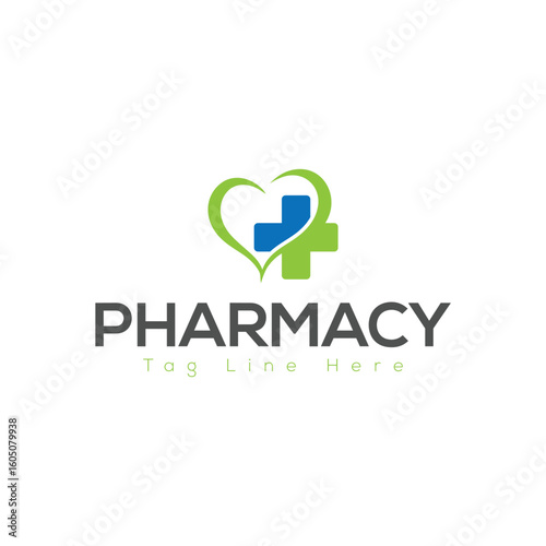 Pharmacy Logo Design – Medical Cross with Heart and Leaf Symbol Vector