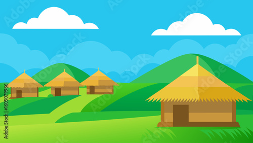 Idyllic Rural Thatched Roof Scene Vector