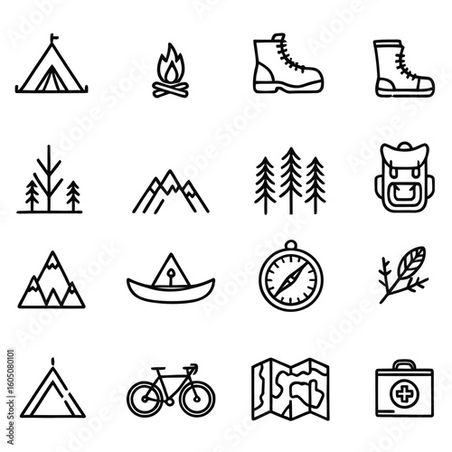 Camping hiking travel icons tent campfire