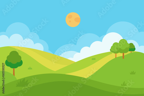 Summer field with gentle slope bright sunny meadow