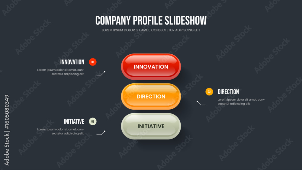 Fototapeta premium Enterprise Plan Presentation Design Vector Illustration. Product Performance 3 Element Diagram Slide Template. Business Proposal Three Step Infographic Slideshow Layout.