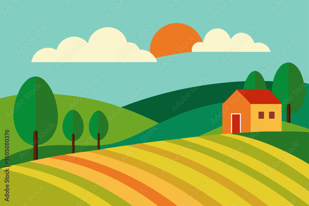 Naklejka premium Farmland with Rolling Hills Agricultural Countryside