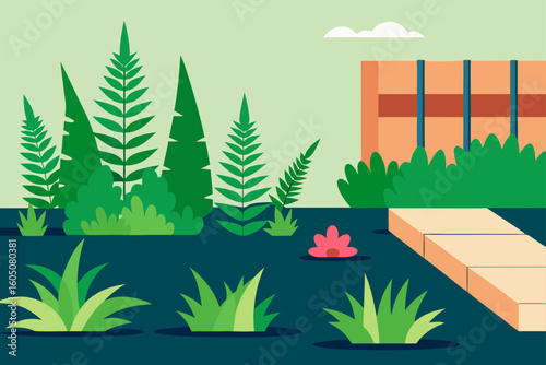 Ferns and Flower Bed Yard Lush Garden Vegetation