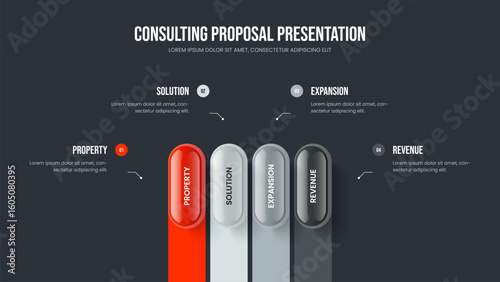 Marketing Analysis 4 Step Infographic Frame Design. Company Proposal Four Element Diagram Presentation Layout. Professional Launch Slide Template Vector Illustration.