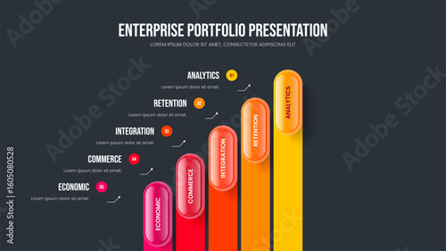 Financial Innovation Five Option Diagram Slideshow Template. Market Proposal Presentation Design Vector Illustration. Modern Showcase 5 Element Infographic Slide Layout.