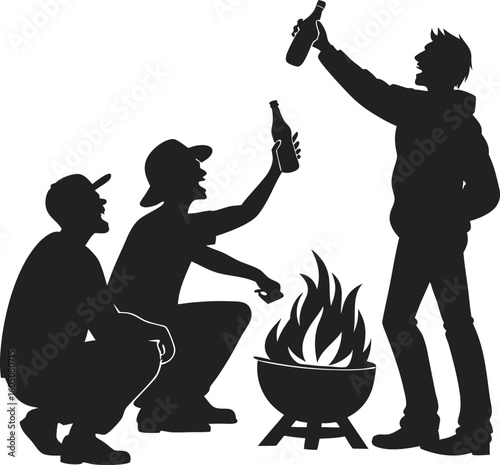 Campfire Drinking Silhouette – Three Friends with Beer Bottles Enjoying Outdoor Fire Vector Illustration for Camping and Party Themes
