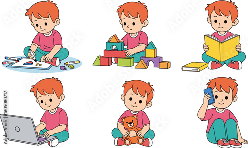 Cute redhead boy doing various activities, drawing, reading, playing, using laptop, building blocks, cartoon character, indoor learning, fun, isolated