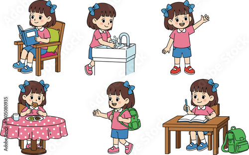 Cute school girl daily routine activities cartoon, reading, washing hands, waving, eating, walking, studying, vector illustration for children education