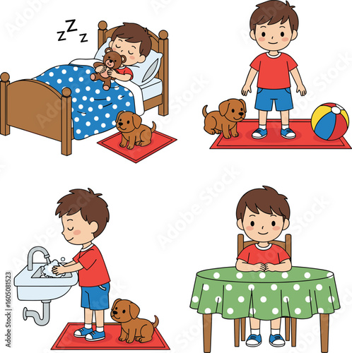 Daily routine of happy boy with pet dog, cartoon illustration, morning activities, waking up, washing hands, eating, playing, sleeping