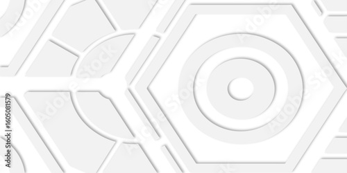 White abstract background with geometric shapes and arrow line overlapping layers creating a modern design look.