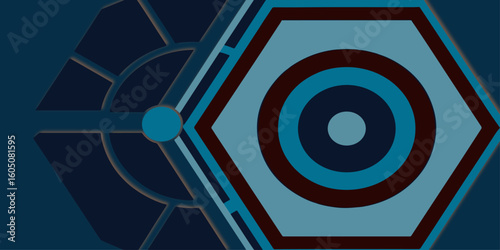 Abstract geometric design featuring hexagons circles and lines in shades of blue and brown color palette element.
