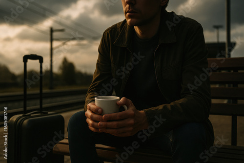 Man holding coffee cup while waiting at a train station during cloudy sunset, capturing travel mood, solitude, and quiet reflection.
