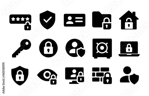 Security icons set with password, shield, lock, user, key, folder, home, safe, firewall, eye
