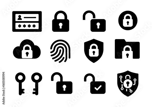 Security icons set with lock, unlock, password, key, fingerprint, shield, folder, cloud