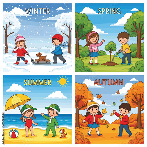 Four seasons children activity illustration, winter snow, spring gardening, summer beach fun, autumn leaves, kids cartoon, seasonal nature background