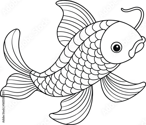 Elegant koi fish with flowing fins in line art style for educational and creative coloring pages