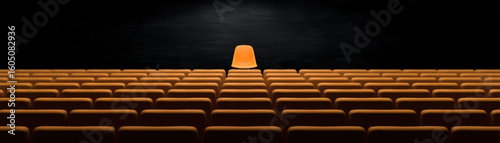 Back to School, single orange chair stands out back to school dark room filled with rows of empty orange seats creating striking contrast and focus