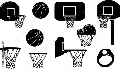 Basketball hoop, basketball and goal, net, ring icon silhouettes set
