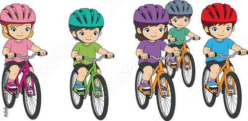 Group of children riding bicycles, kids wearing helmets, bike safety, outdoor cycling activity, happy boys and girls, healthy lifestyle fun