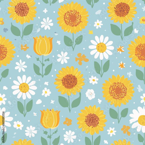 Cute seamless floral pattern with hand-drawn sunflowers, tulips, and daisies on a light blue background. Perfect for fabric, stationery, wallpapers, wrapping paper, bedding, textile design