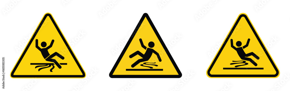 Essential safety warning icons depicting a person slipping on a wet surface, providing clear hazard alerts for public spaces and workplaces Essential safety warning icons depicting a person slipping on a wet surface, providing clear hazard alerts for public spaces and workplaces