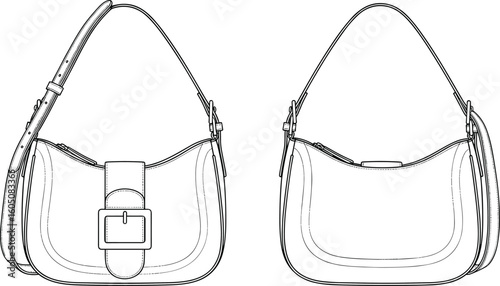 Handbag technical sketch, CAD fashion flat, vector bag design, detailed purse outline, fashion accessory illustration, front back view drawing