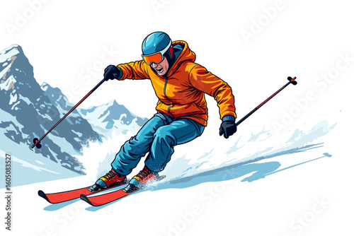 Dynamic skier in action on snowy mountainside illustration for winter sports