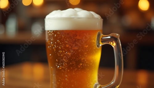 Frosty Beer Mug in Realistic Style in Warm Amber Tones Representing Refreshment and Relaxation Indoors