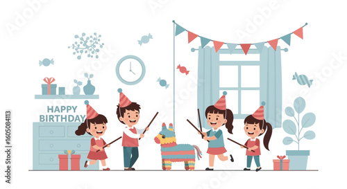 Cheerful Celebration Youngsters Bashing A Colorful Piñata At A Birthday Celebration