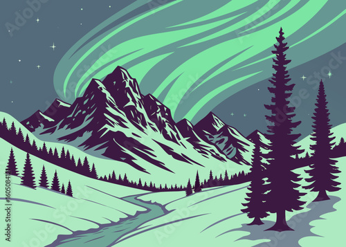 Aurora borealis over snow covered mountains and pine trees