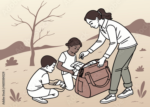 Family packing go bag for emergency evacuation outdoors