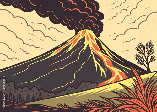 Erupting volcano spewing smoke and lava in a stylized landscape