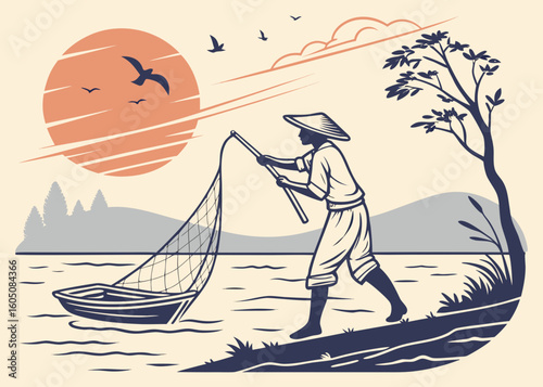Fisherman casting net from boat at sunset with birds flying