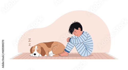 A Boy In Pajamas Is Cuddling Next To A Sleeping Beagle On The Rug