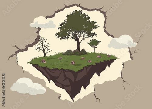 Floating island with trees and clouds in a cracked landscape